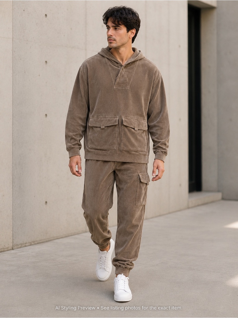 Native Youth Corduroy Hoodie Cargo Jogger Lounge Set Men’s L Brown